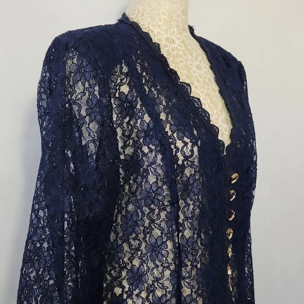 Beautiful U Women L Navy Blue Crochet Lace Scalloped Hem Button Front Cardigan